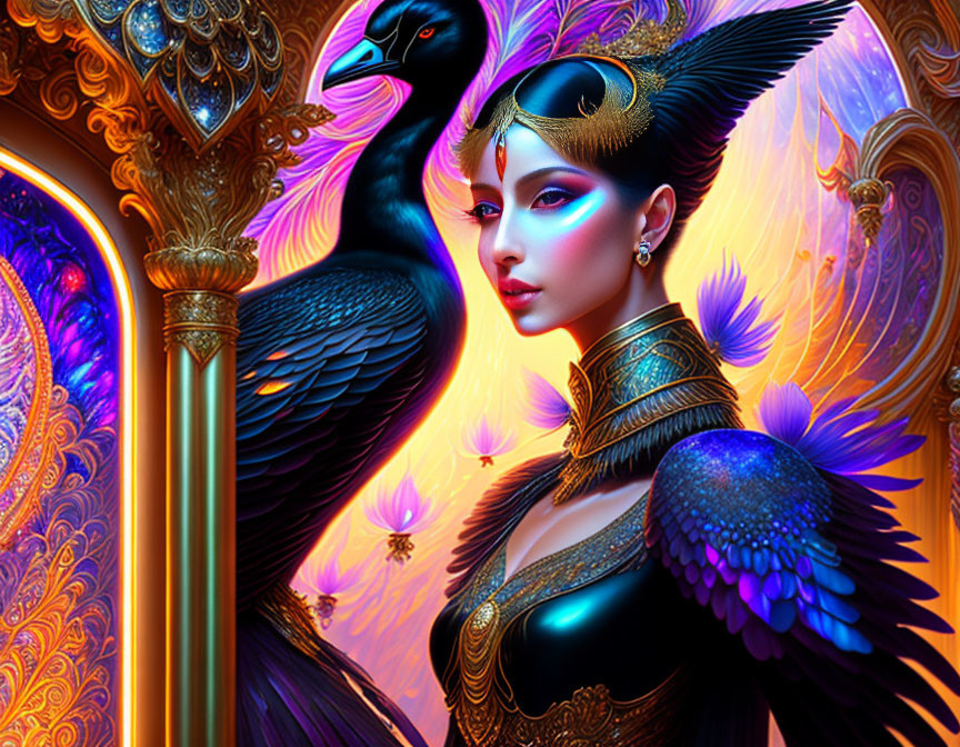 Vibrant woman with peacock features and stylized bird illustration