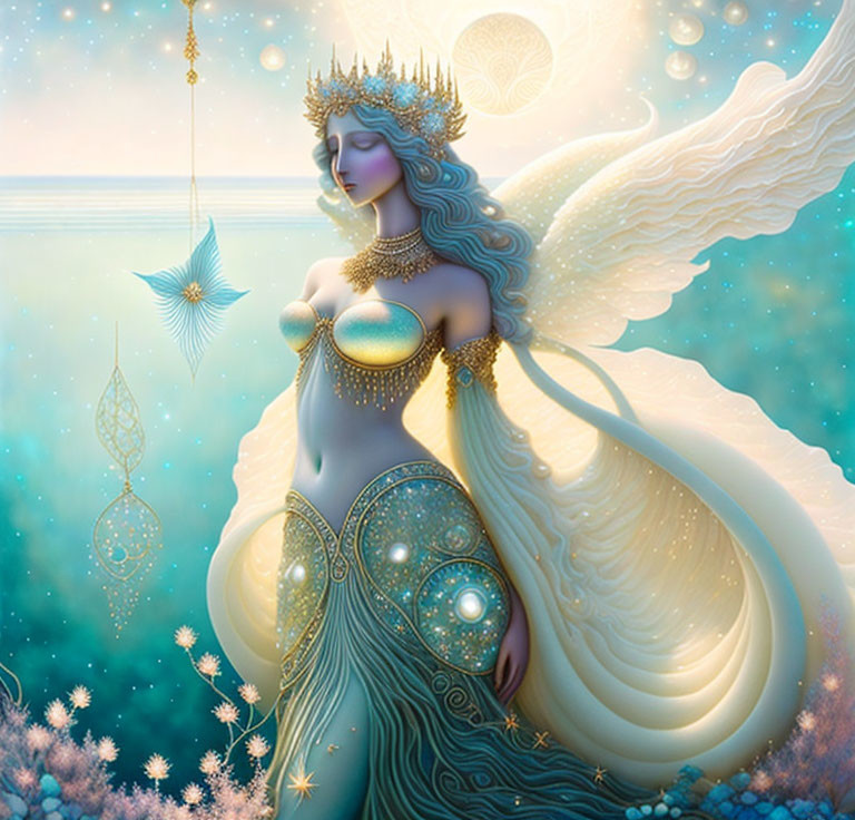 Ethereal fantasy illustration of winged female in golden attire surrounded by glowing lanterns in star-filled