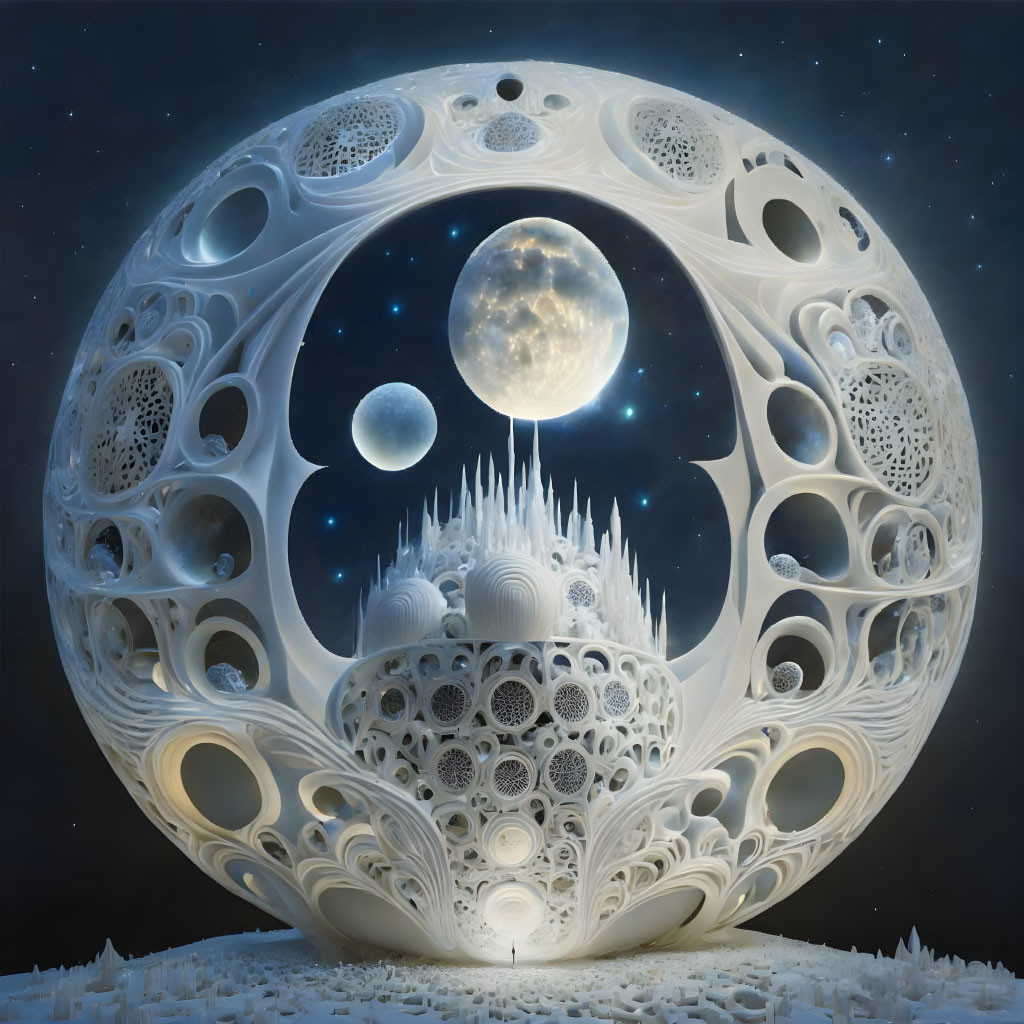 Circular surreal artwork featuring intricate lace-like structure with moon and stars.