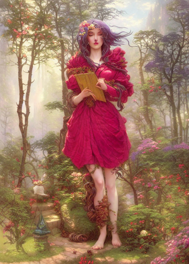 Illustration of woman with elfin features in red dress in forest glade