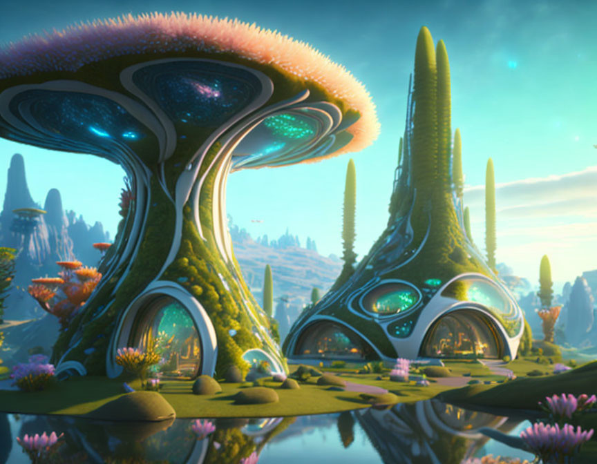 Colorful Alien Landscape with Mushroom Structures & Reflective Water