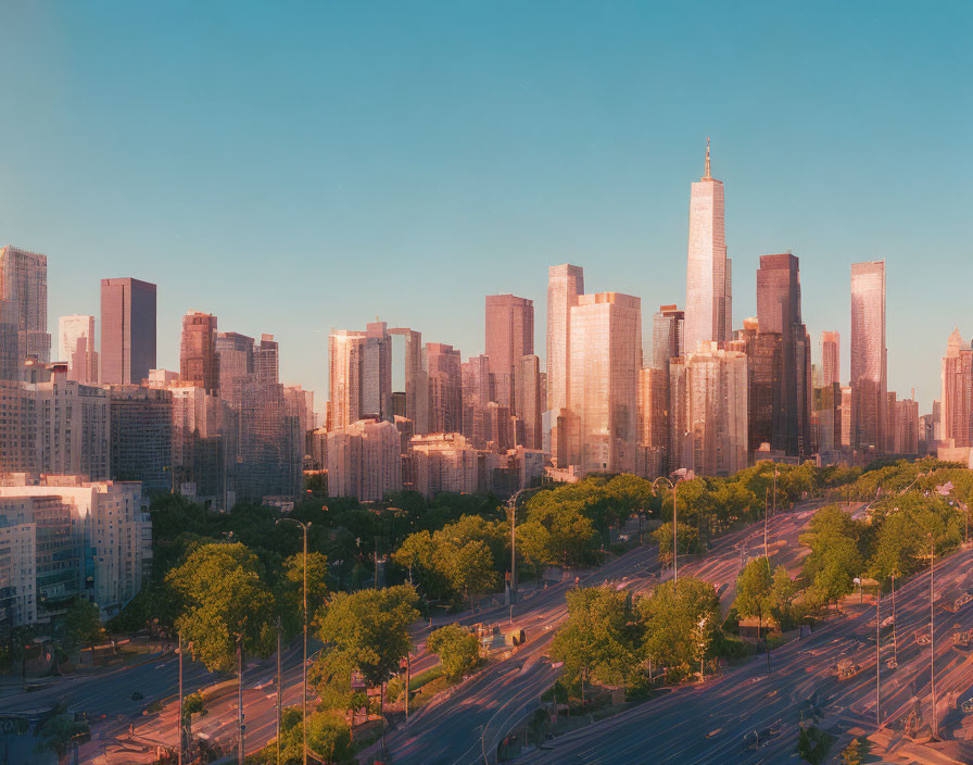 Urban skyline with tall skyscrapers at golden hour