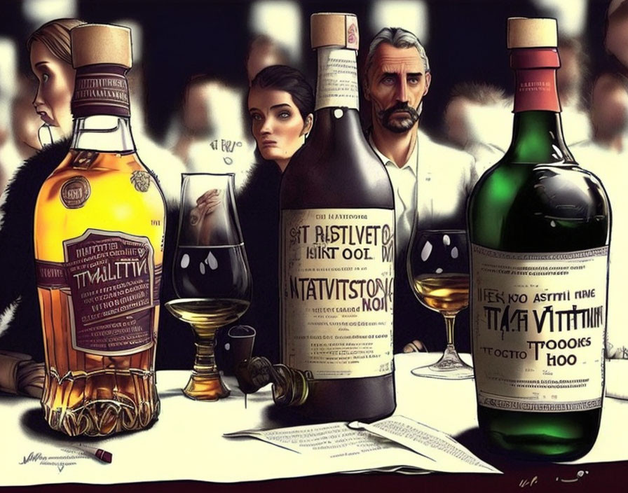 Illustration of Noir-Themed Alcohol Bottles, Glasses, and Faces