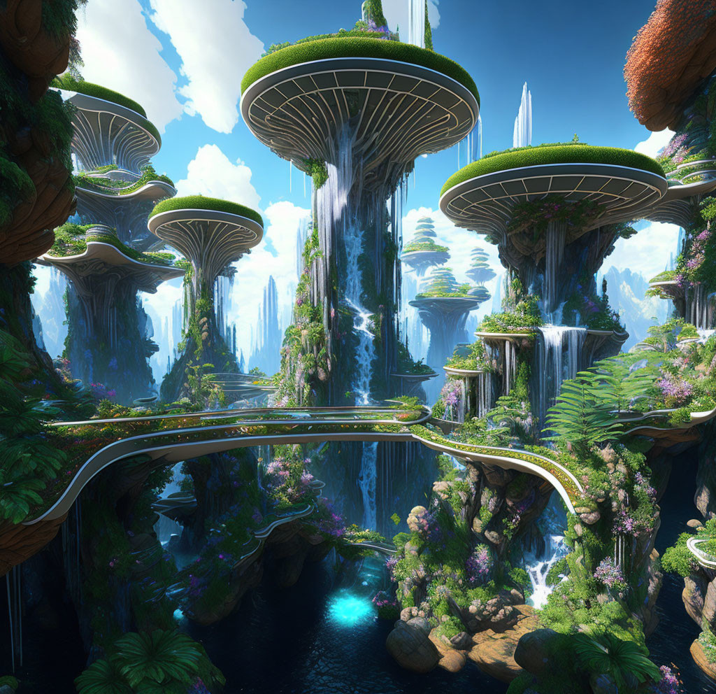 Fantastical landscape with towering mushroom structures and suspended pathway