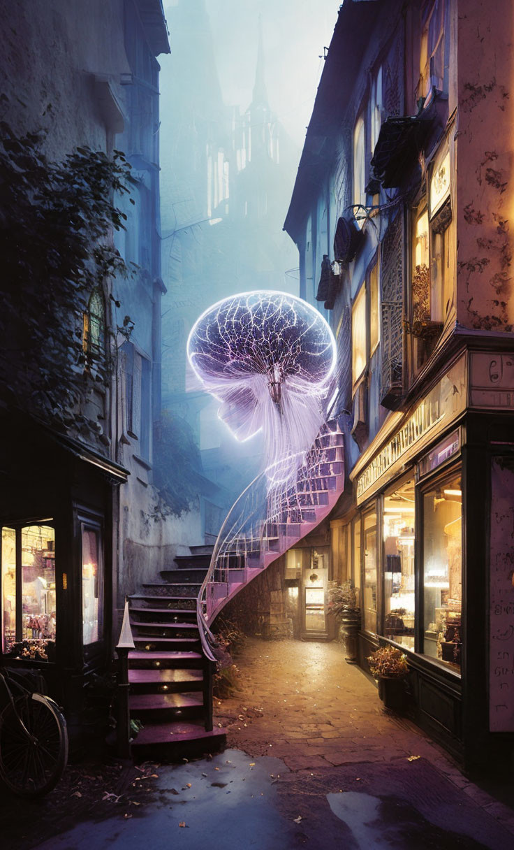 Giant neon jellyfish in surreal alleyway at dusk