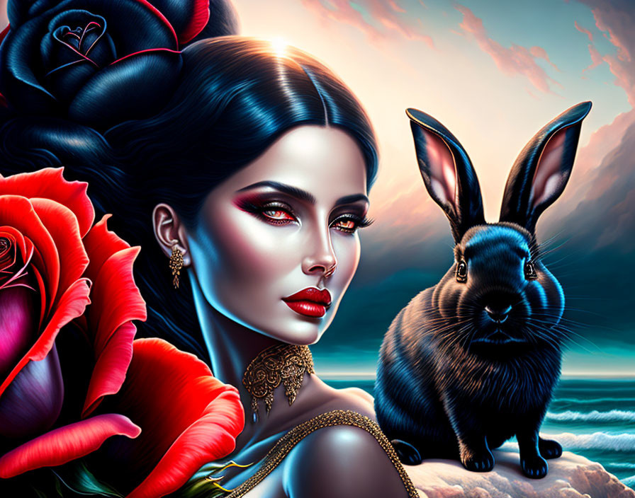 Colorful digital artwork of woman with striking makeup, black rabbit, red roses, and moody sky