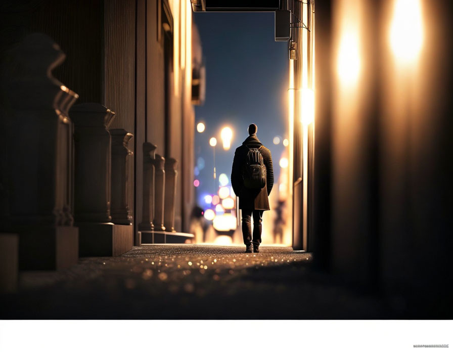 Urban alley night scene with person walking under city lights