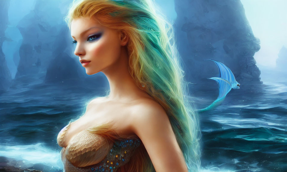 Blonde Mermaid Digital Art in Misty Seascape