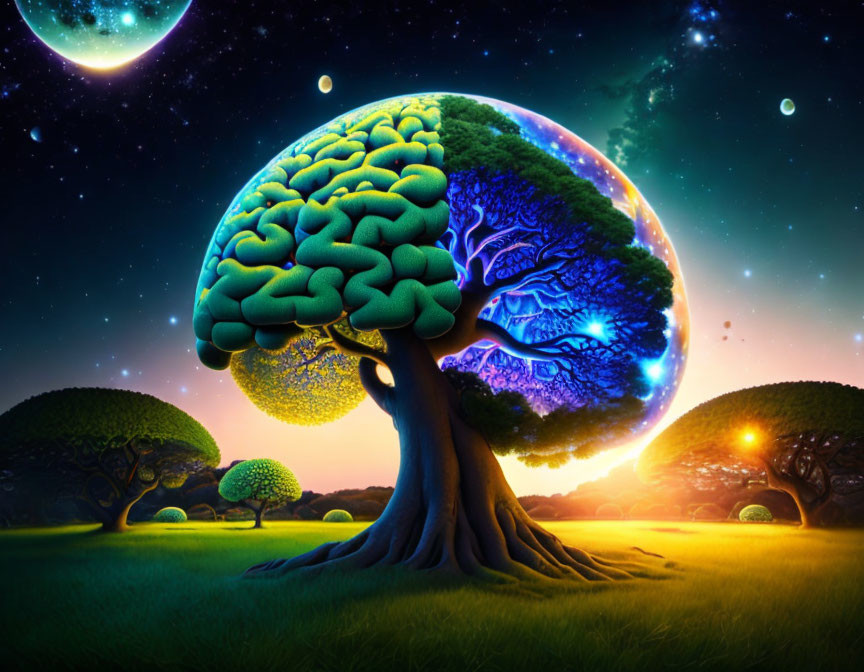 Colorful Tree with Brain-Shaped Canopies Under Starry Sky