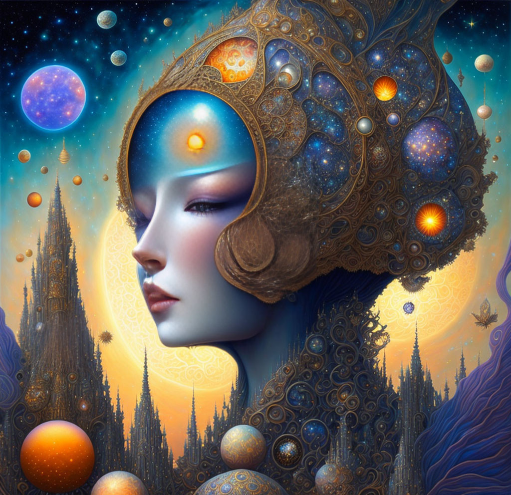 Surreal portrait of woman with ornate cosmic headdress