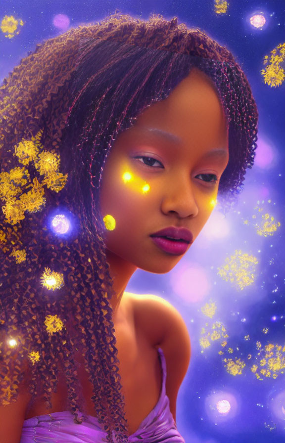 Digital art portrait of young woman with golden lights on starry backdrop