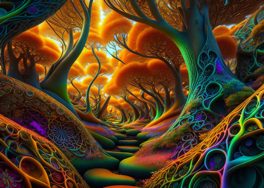 Colorful Psychedelic Forest with Luminous Patterns