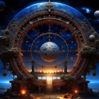 Astrological wheel with zodiac signs, planets, stars, and sunset above desert landscape