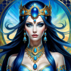 Blue-Haired Fantasy Queen with Golden Crown and Jewelry on Ornate Background