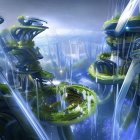 Futuristic landscape with towering spires, floating islands, waterfalls, and flying vehicles