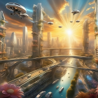 Futuristic cityscape with skyscrapers, flying vehicles, and large flowers