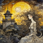 Whimsical artwork: woman with flowing hair, castle, full moon, stylized clouds