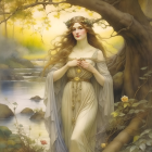 Ethereal woman with flowing hair and leaf crown by forest creek