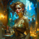 Fantasy tavern scene with woman in golden arm armor and magical ambiance