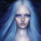 Digital illustration: Female figure with pale blue hair merging into starry night sky