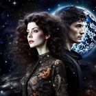 Two individuals with voluminous hair in front of cosmic background with moon and stars.