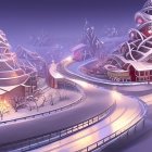 Whimsical winter scene with candy-like trees and glowing entrance in snow