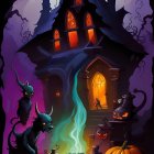 Spooky Halloween-themed illustration with haunted house, pumpkins, creatures, and ghostly figure