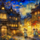 Illustration of magical twilight street with figures in cloaks