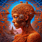 Digital artwork: Woman in ornate gold headgear and armor against surreal backdrop