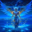 Mystical angelic figure with large blue wings in starry night scene