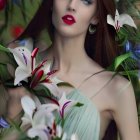 Curly Haired Woman with Floral Adornments in Botanical Setting