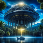 Giant UFO over tropical lagoon emits light beams