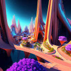 Bioluminescent purple foliage, orange pathways, and sleek structures in a fantasy landscape