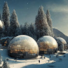 Futuristic domed habitats in valley with rock formations and distant planet.