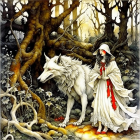 Illustration of girl in white and red cloak with majestic wolf in mythical forest