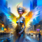 Luminous winged figure in urban nightscape with mystical aura