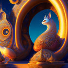 Golden peacock and white fox in surreal blue scene with ornate architecture.