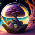 Fantastical artwork: Person under purple tree in transparent sphere surrounded by starry sky