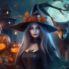 Woman in witch costume with fox among jack-o'-lanterns and haunted house.