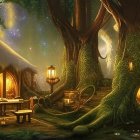 Mystical forest scene with towering trees, ivy-covered homes, and magical glow