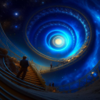 Spiral staircase with cosmic galaxy overhead