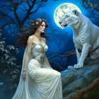 Regal woman in white gown with mystical white cat in enchanted forest