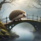 Hedgehog Crossing Small Ornate Bridge in Serene Misty Forest