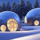 Snowy landscape with dome-shaped structures and pine trees at twilight