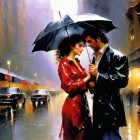 Couple Smiling Under Umbrella in Rainy City Scene