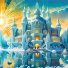 Glowing ice palace in frozen landscape under sunburst sky