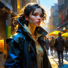 Dark-haired woman in black jacket in vibrant rainy cityscape