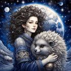 Woman with voluminous curly hair embracing white wolf under starry night sky.