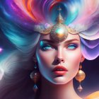 Vibrant cosmic-inspired female figure with celestial jewelry in space setting