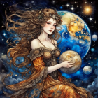 Fantasy illustration of woman with flowing hair holding globe in regal attire against cosmic backdrop